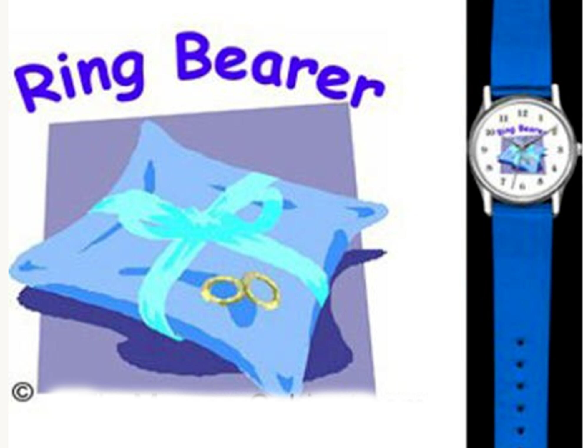 Personalized ring bearer watch with blue band and ring bearer gift design.
