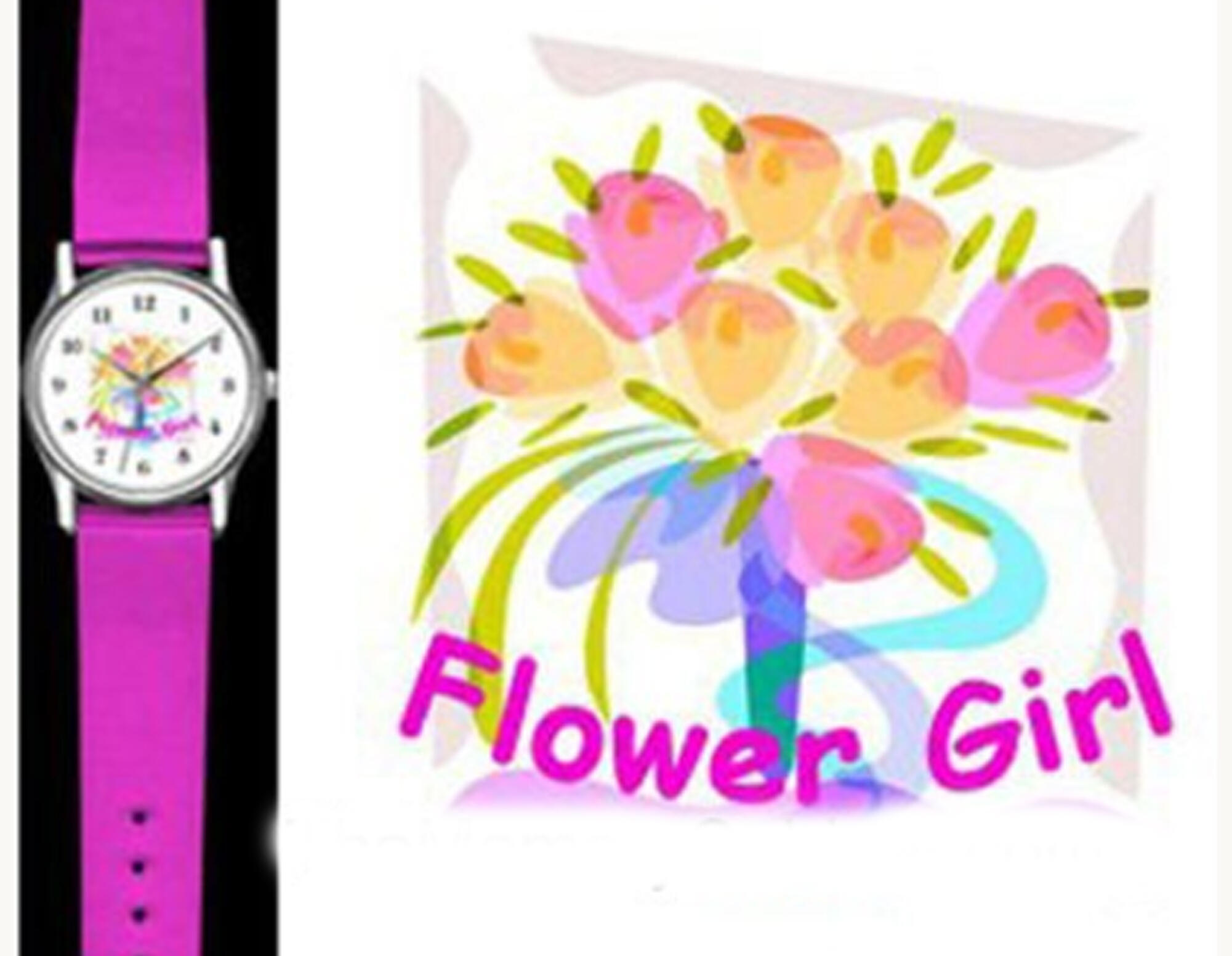 Personalized flower firl watch with pink band and floral watch face, displayed with a flower girl gift image.