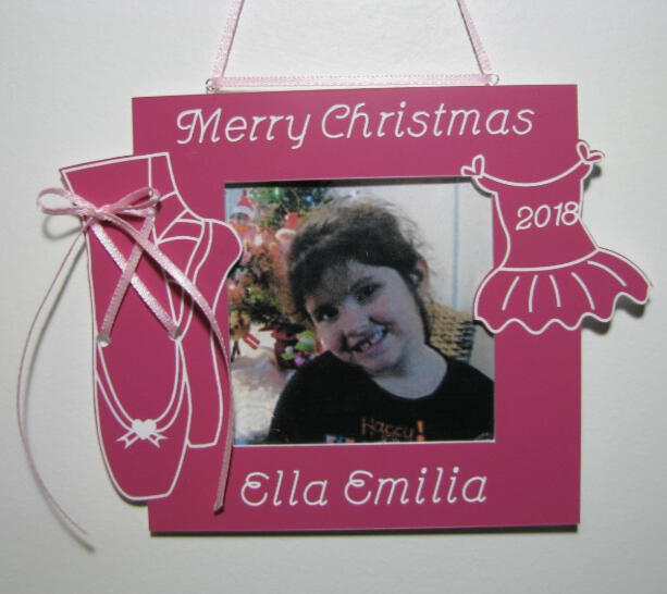 Personalized pink ballerina photo frame ornament with custom name and a place to add your photo.