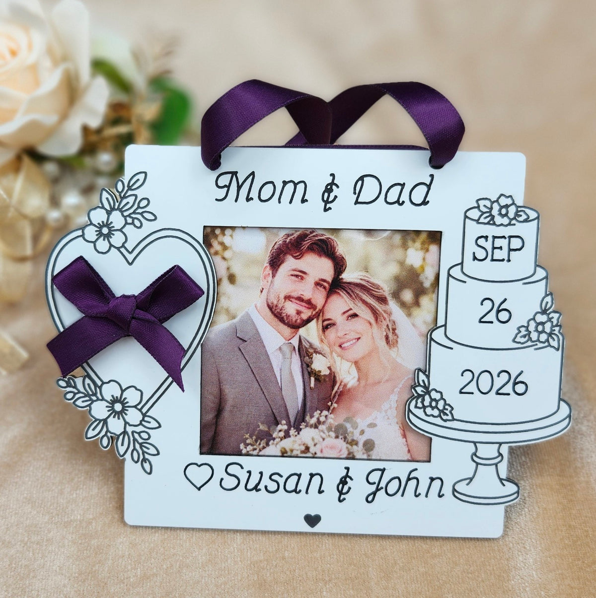 Personalized Wedding Photo Ornament – Engraved Heart Keepsake for Parents & Grandparents