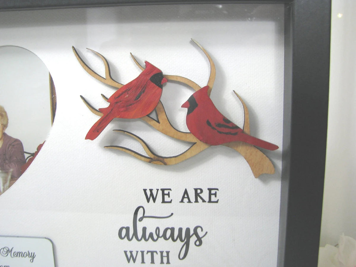 Personalized Cardinal Memorial Shadow Box – Heart Photo Window, Natural Branch