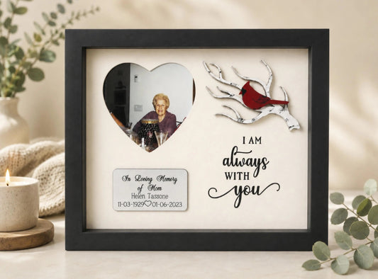 Personalized Cardinal Memorial Shadow Box – Heart Photo Window, White Branch
