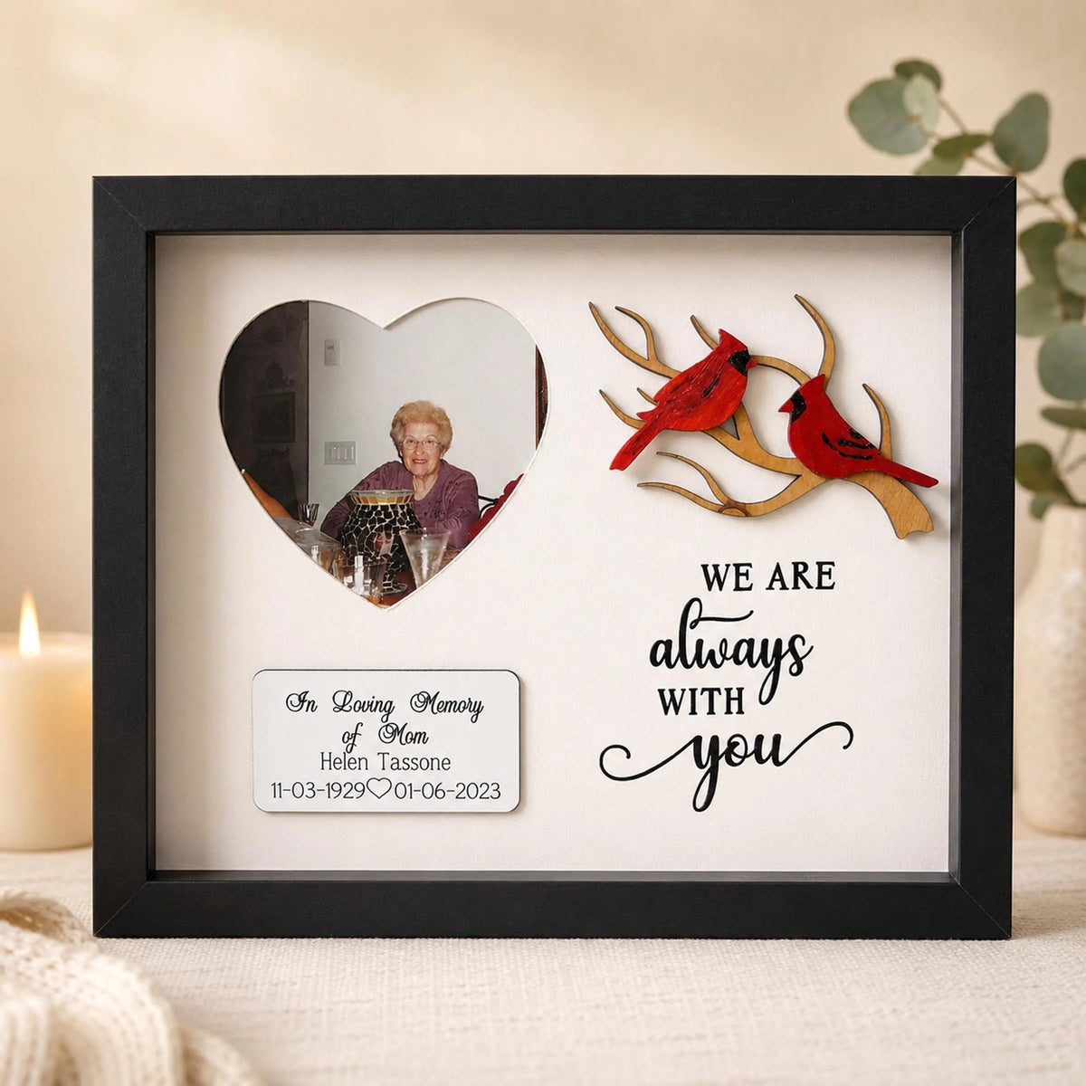 Personalized Cardinal Memorial Shadow Box – Heart Photo Window, Natural Branch