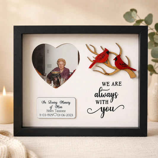 Personalized Cardinal Memorial Shadow Box – Heart Photo Window, Natural Branch