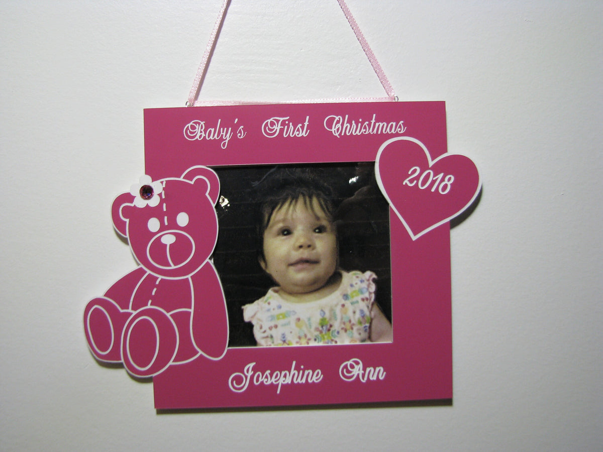 Personalized Baby Girl First Christmas Photo Ornament – Teddy Bear Keepsake