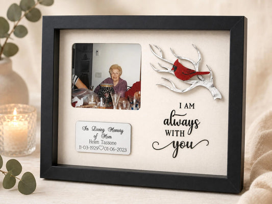 Personalized Cardinal Memorial Shadow Box – Square Photo Window, White Branch
