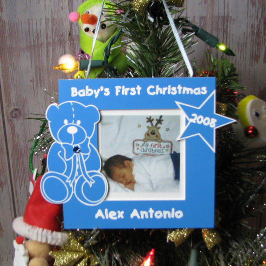 Personalized Baby Boy First Christmas Photo Ornament – Teddy Bear Keepsake