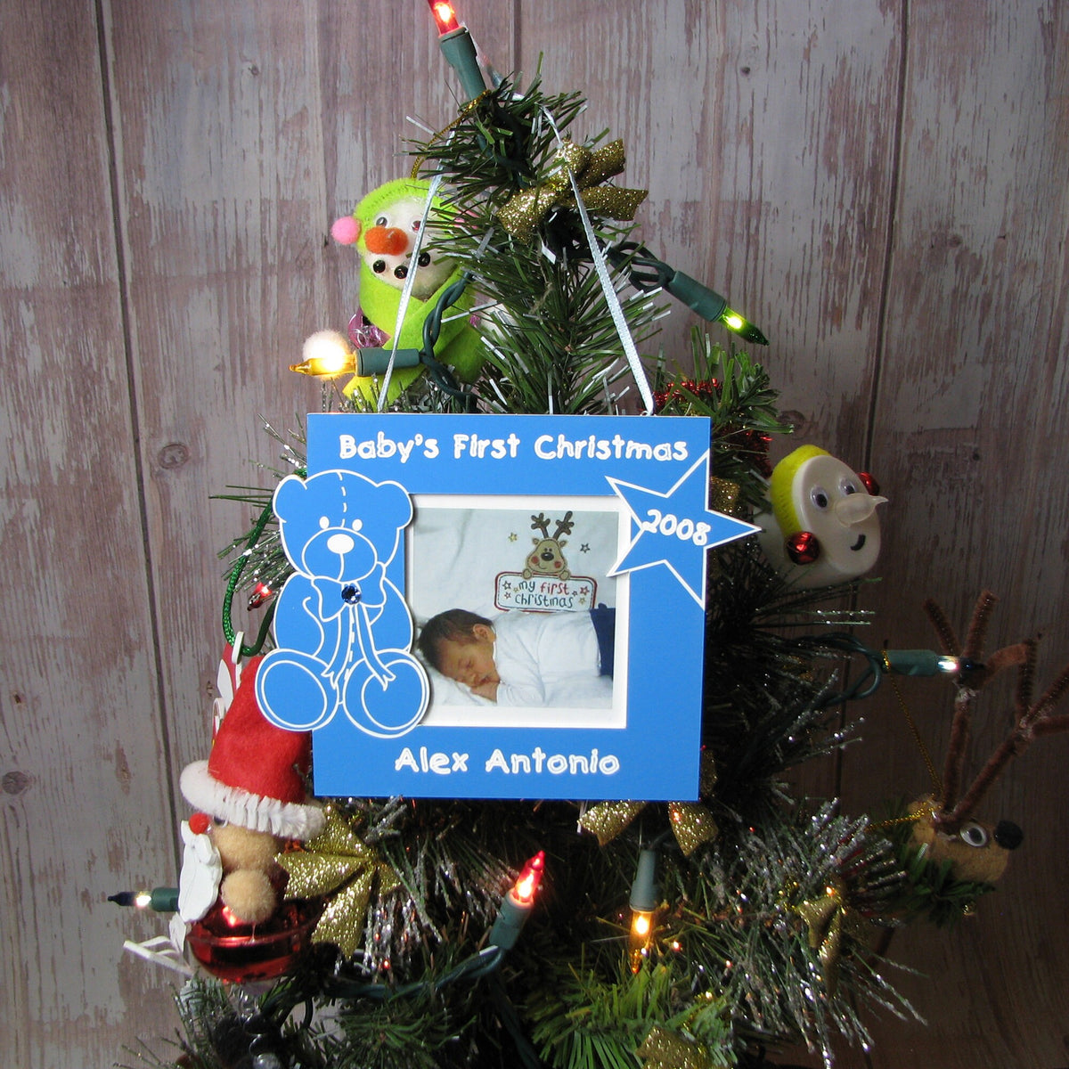 Personalized Baby Boy First Christmas Photo Ornament – Teddy Bear Keepsake