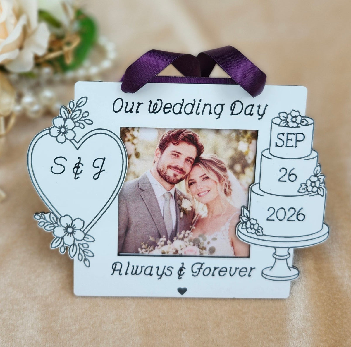 Personalized Wedding Photo Ornament – Engraved Heart Keepsake for Parents & Grandparents