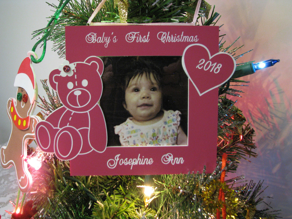 Personalized Baby Girl First Christmas Photo Ornament – Teddy Bear Keepsake