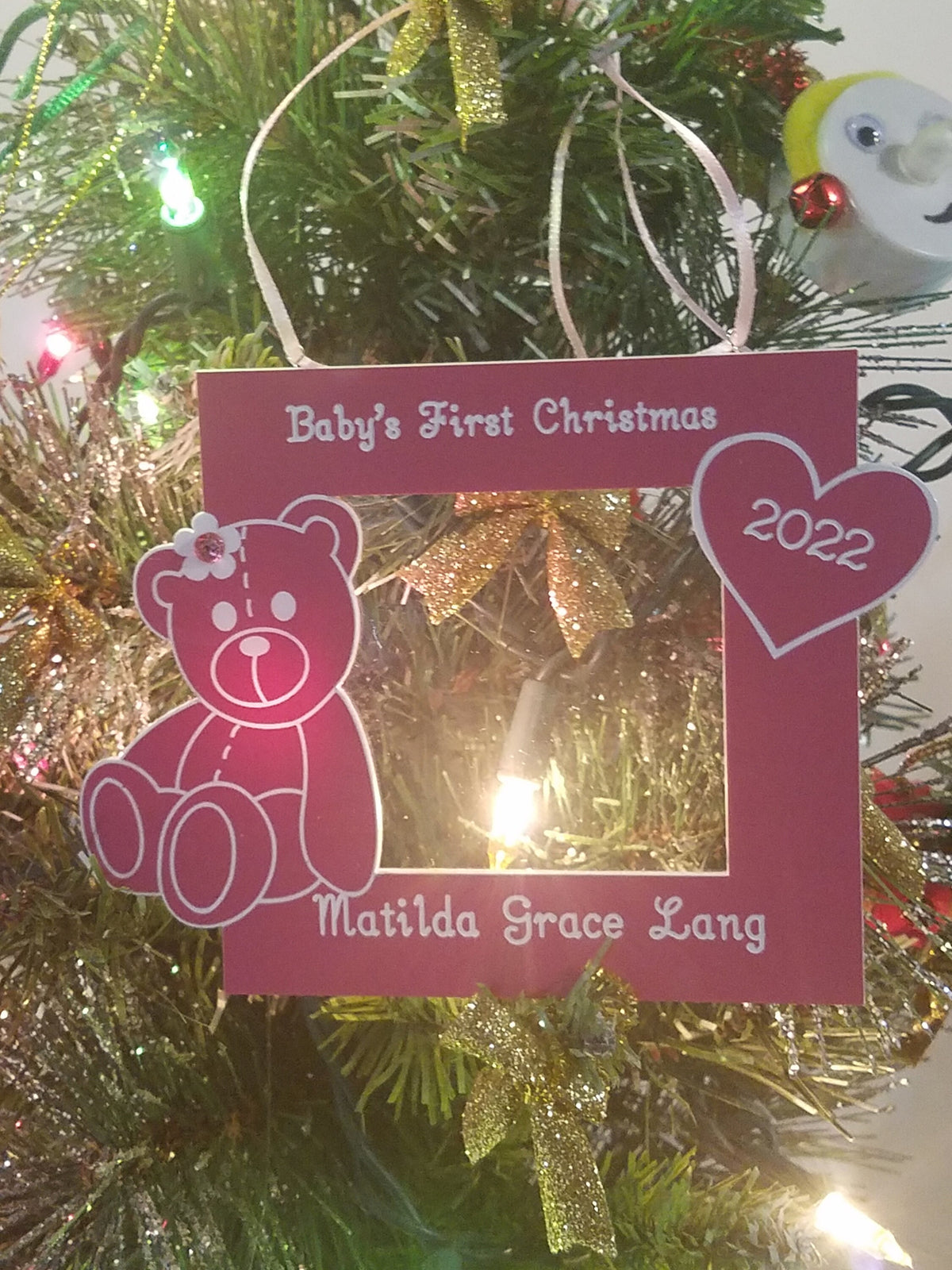 Personalized Baby Girl First Christmas Photo Ornament – Teddy Bear Keepsake