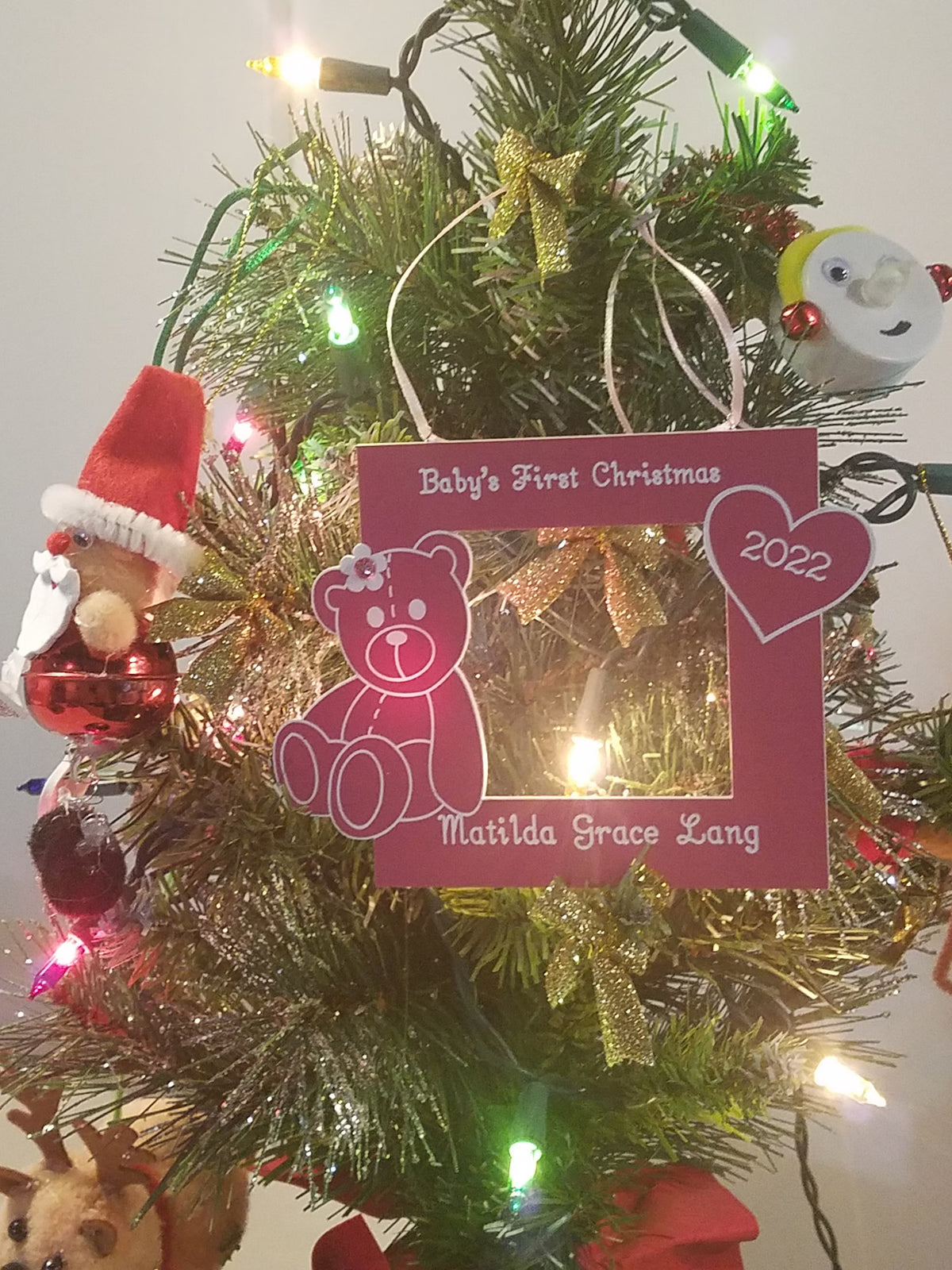 Personalized Baby Girl First Christmas Photo Ornament – Teddy Bear Keepsake