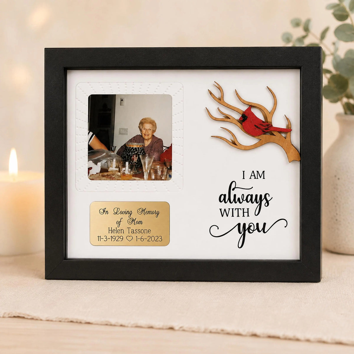 Personalized Cardinal Memorial Shadow Box – Square Photo Window, Natural Branch