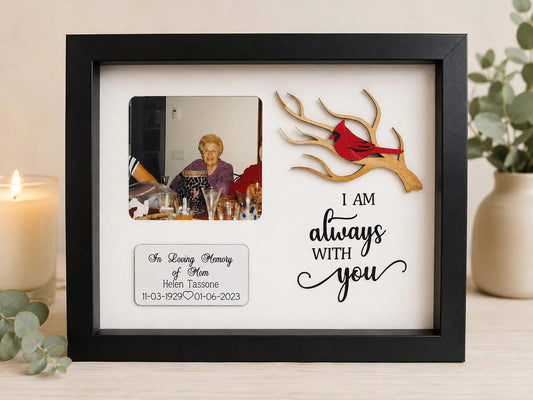 Personalized Cardinal Memorial Shadow Box – Square Photo Window, Natural Branch