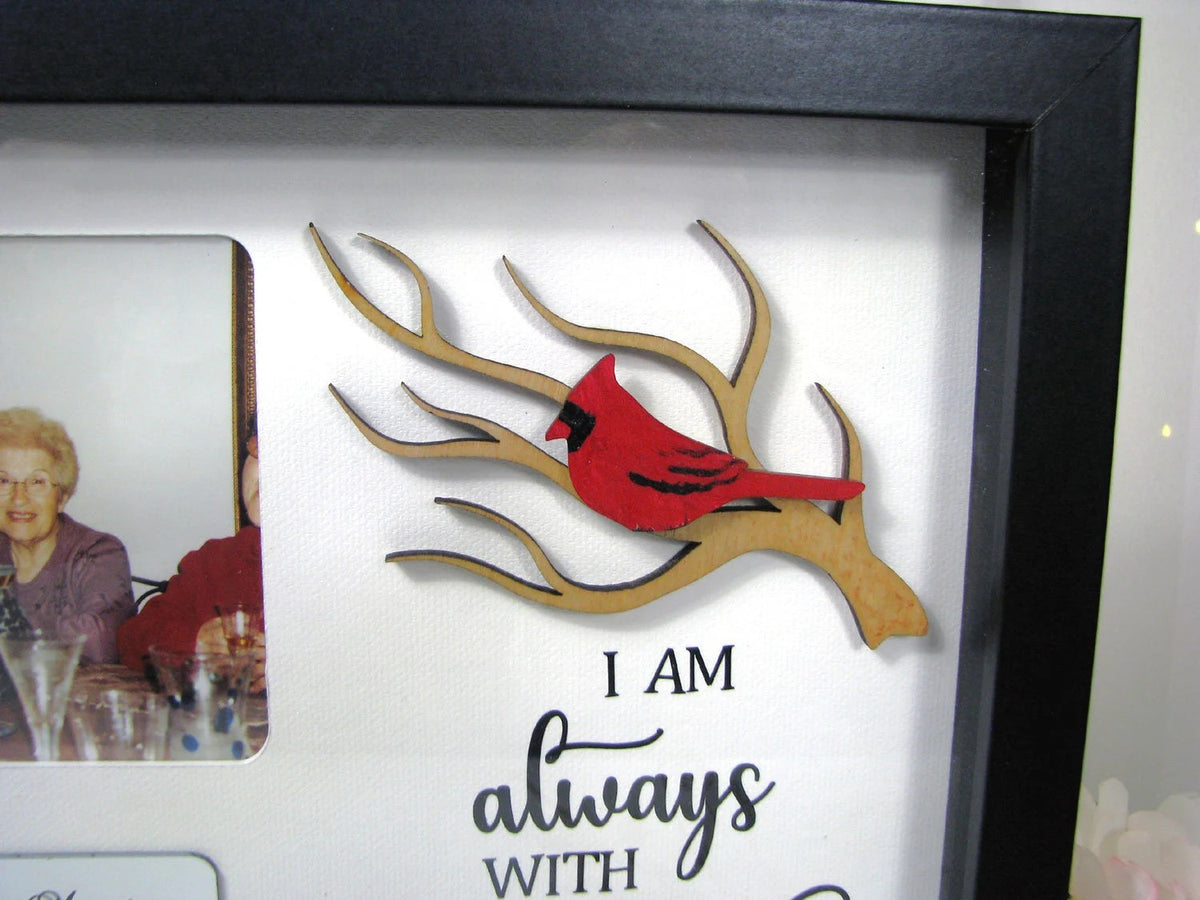 Personalized Cardinal Memorial Shadow Box – Square Photo Window, Natural Branch